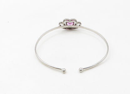 925 Silver  Vintage Genuine Diamonds & Pink Topaz Heart Cuff Bracelet  BT8541