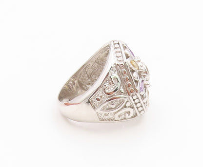 925 Sterling Silver Vintage Ring Amethyst & Citrine Floral Band  Sz 8.5  RG36069