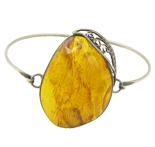 925 Sterling Silver  Vintage Amber Floral Leaf Hook Bangle Bracelet  BT6748