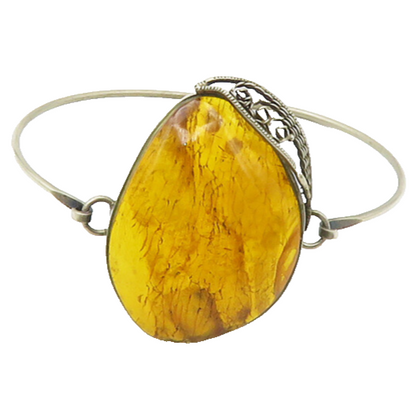 925 Sterling Silver  Vintage Amber Floral Leaf Hook Bangle Bracelet  BT6748