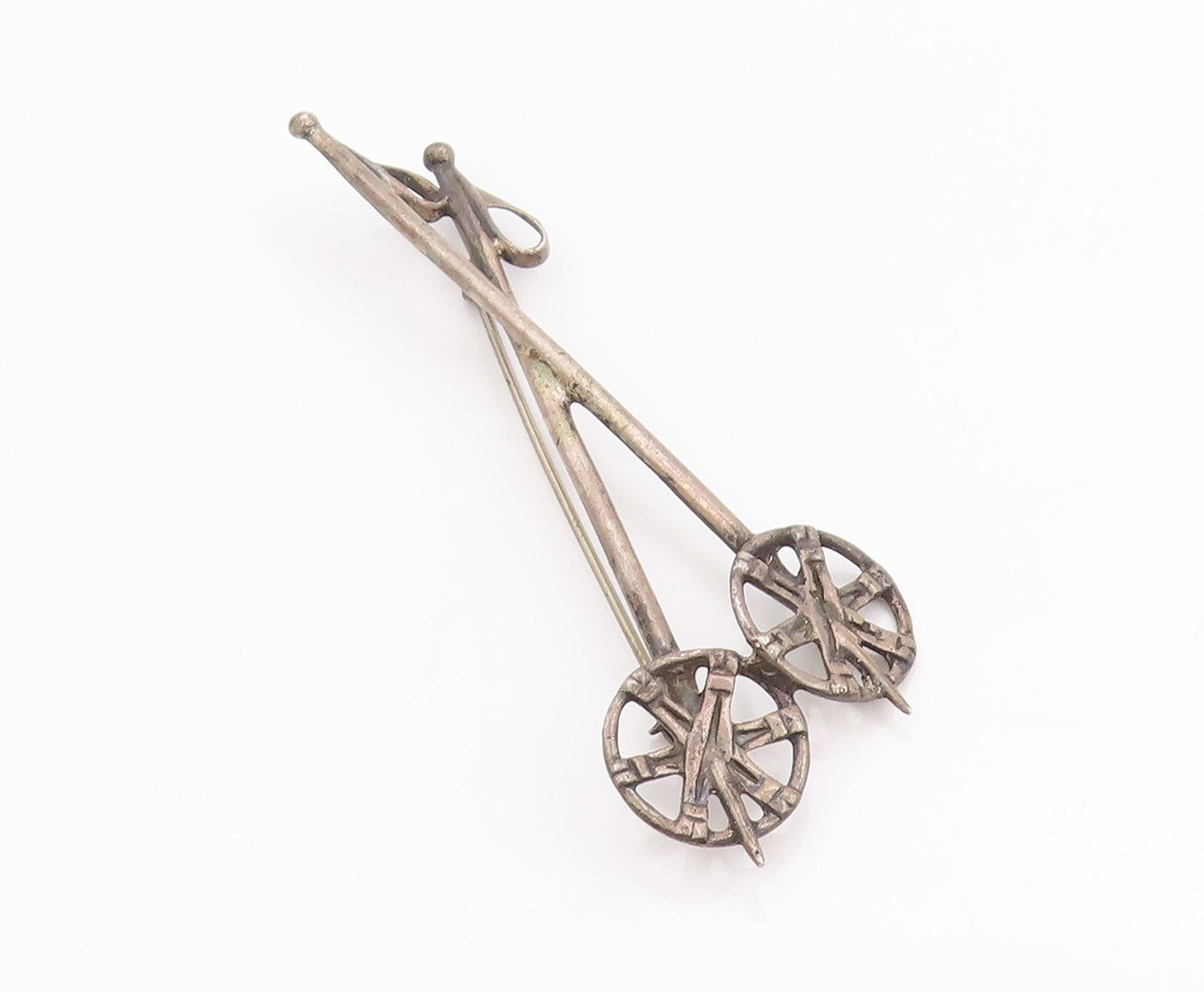 925 Sterling Silver Vintage Brooch Dark Tone Crossed Skis of Yesteryear  BP11830