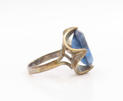 925 Sterling Silver Vintage Ring Modernist Faceted Sapphire Band  Sz 8  RG35976