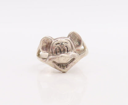 925 Sterling Silver Vintage Ring Happy Mickey Mouse Face Carved  Sz 8  RG28907