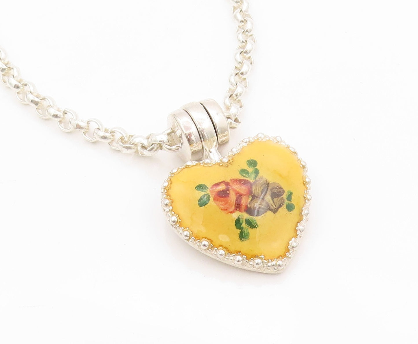 925 Sterling Silver Vintage Necklace ESPO SIG Floral Enameled Heart  NE4502