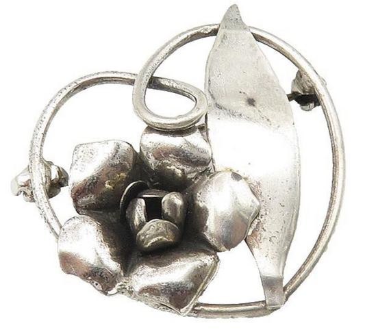 925 Sterling Silver  Vintage Dark Tone Sculpted Flower Heart Brooch Pin BP4238