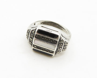 925 Silver  Vintage Mother Of Pearl & Black Onyx Dome Band Ring Sz 5  RG19280