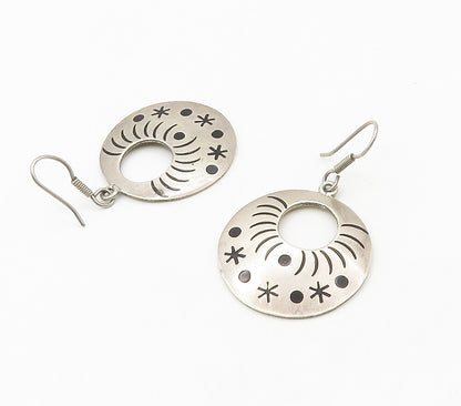 MEXICO 925 Sterling Silver  Vintage Patterned Circle Dangle Earrings  EG7978