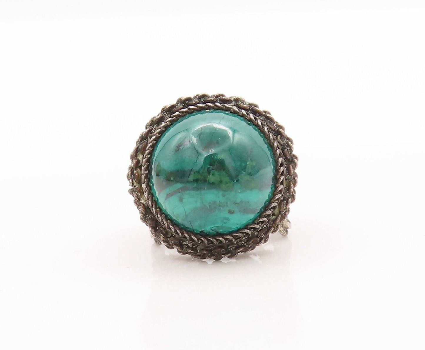 925 Sterling Silver Vintage Ring ISRAEL Floral Cutout Malachite  Sz 5.5  RG28486