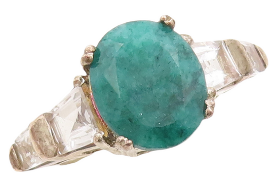 925 Sterling Silver Vintage Ring Oval Cut Emerald & Topaz Inlay  Sz 7  RG29210