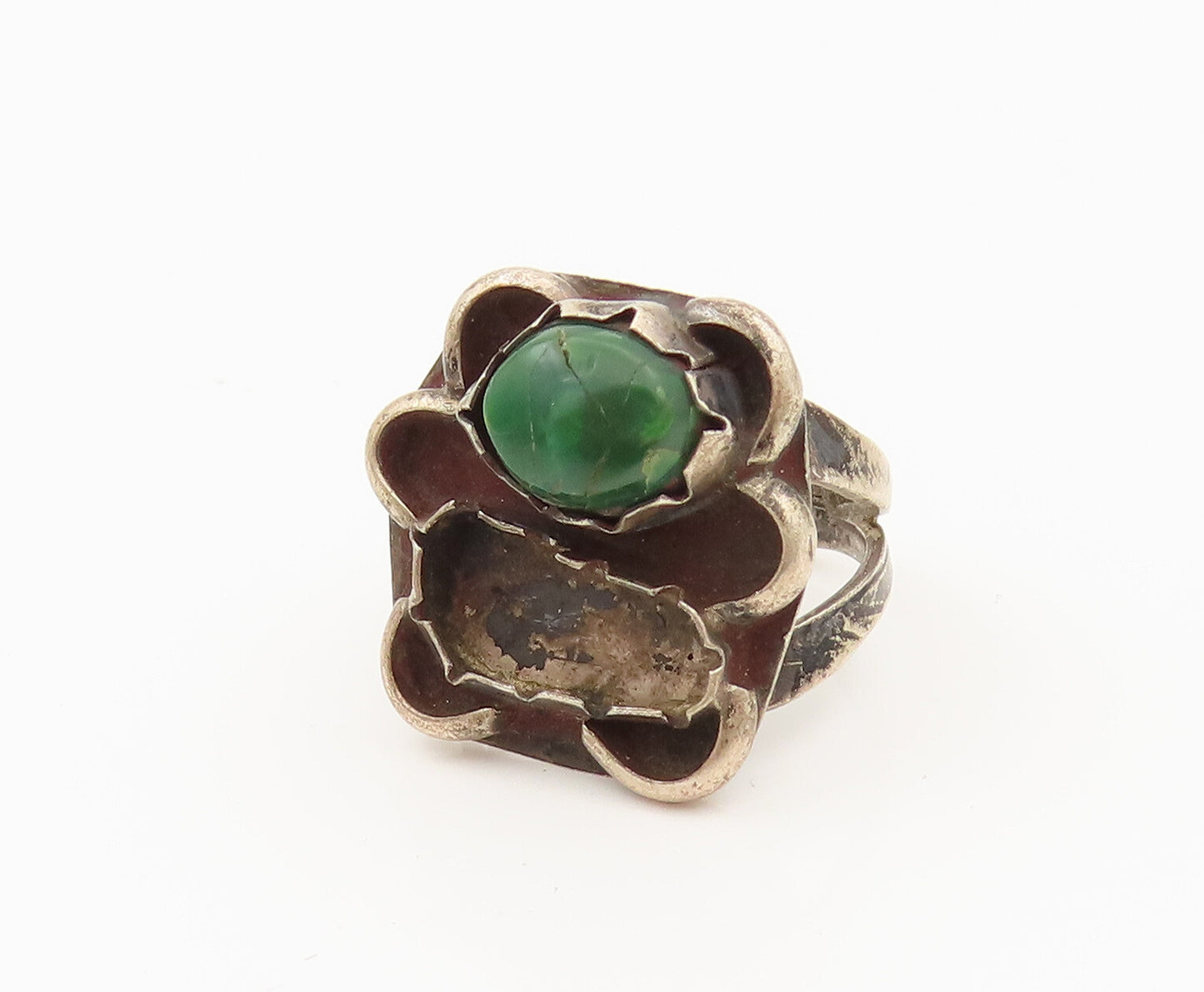 NAVAJO 925 Silver  Vintage Malachite Bear Split Shank Ring Sz 4  RG26411