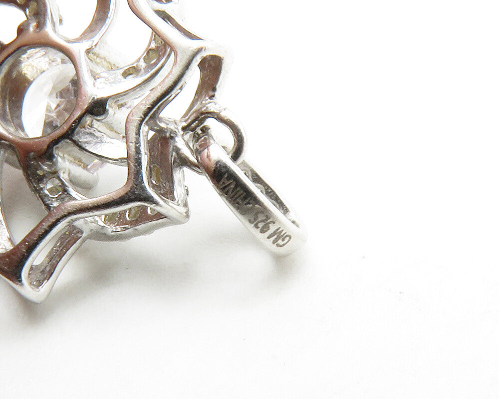 925 Sterling Silver  Shiny Cubic Zirconia Open Flower Motif Pendant  PT10434