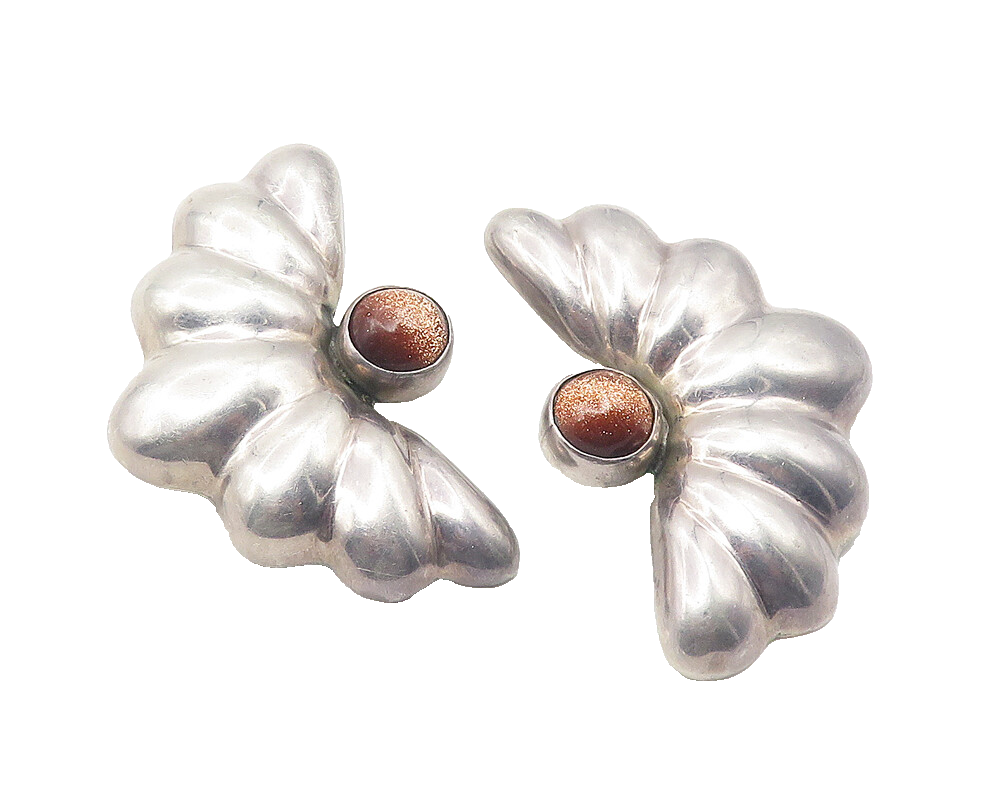 MEXICO 925 Sterling Silver  Vintage Goldstone Non Pierce Earrings  EG6034