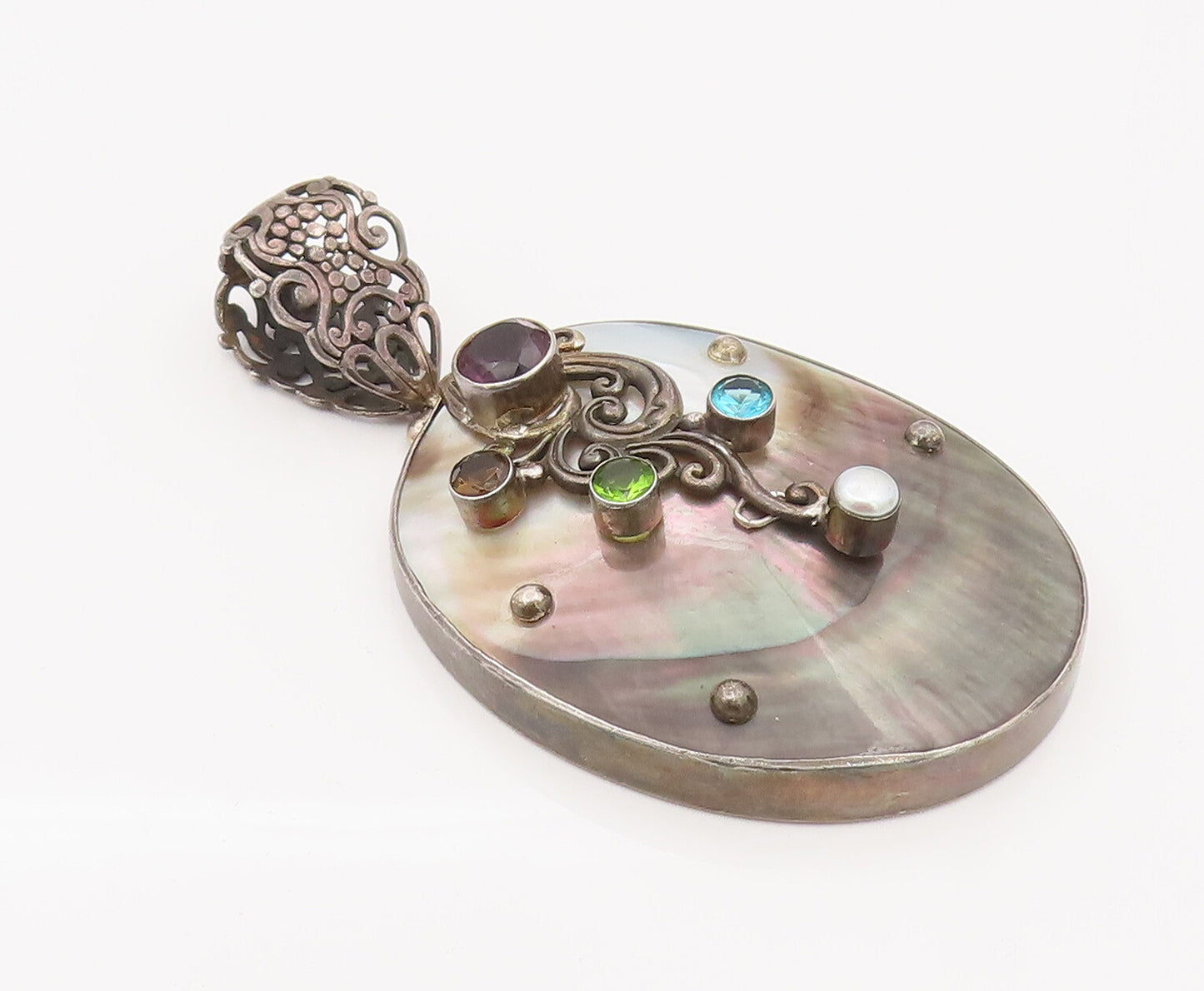 925 Silver  Vintage Abalone Shell Pearl Amethyst Peridot Topaz Pendant PT22227