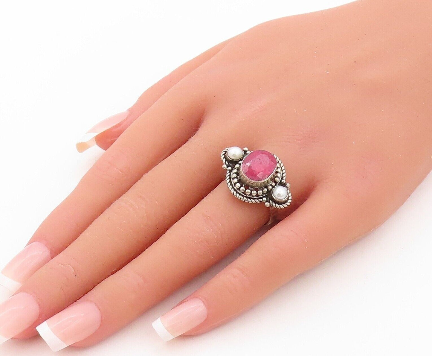 925 Sterling Silver Vintage Ring Twisted Rope Carved Ruby & Pearl Sz 7.5 RG30211