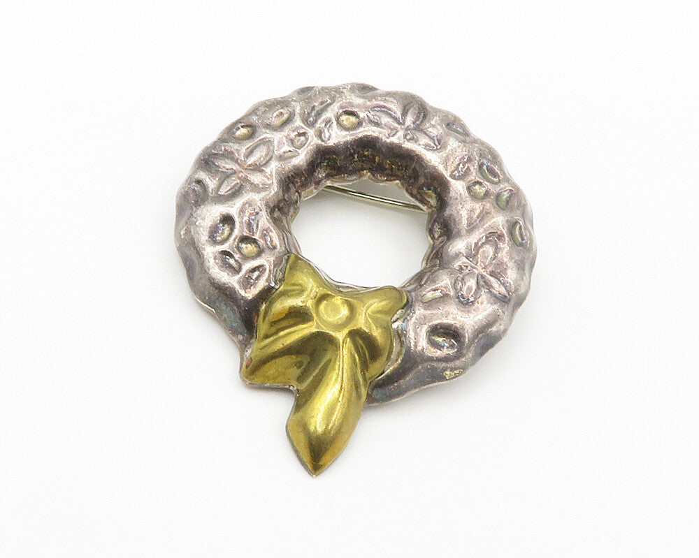 MEXICO 925 Sterling Silver  Vintage Two Tone Ribbon Wreath Brooch Pin  BP5340