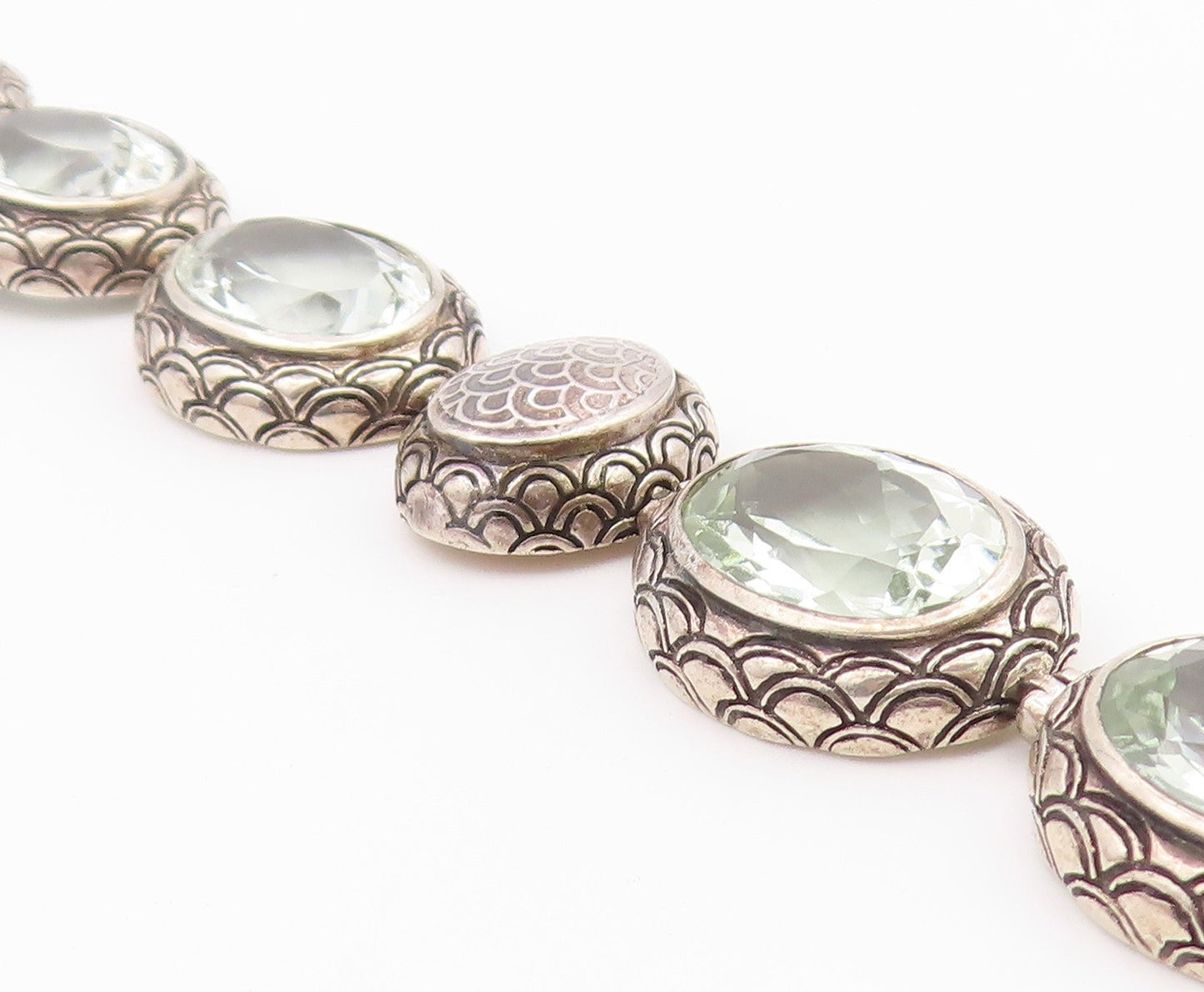 925 Sterling Silver Vintage Bracelet Green Amethyst Etched Oval Link  BT12188