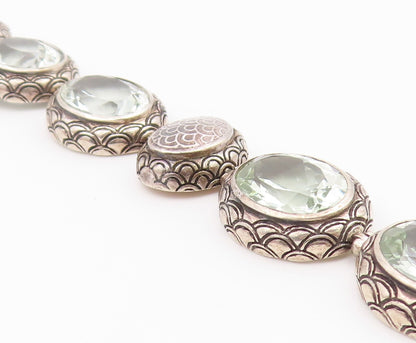 925 Sterling Silver Vintage Bracelet Green Amethyst Etched Oval Link  BT12188