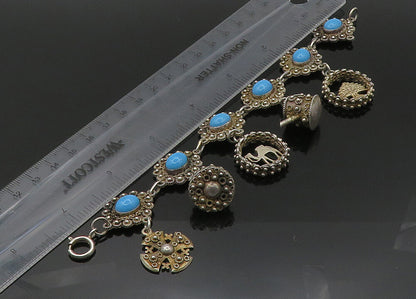ISRAEL 925 Silver  Vintage Turquoise Floral Twist Cross Chain Bracelet  BT8650