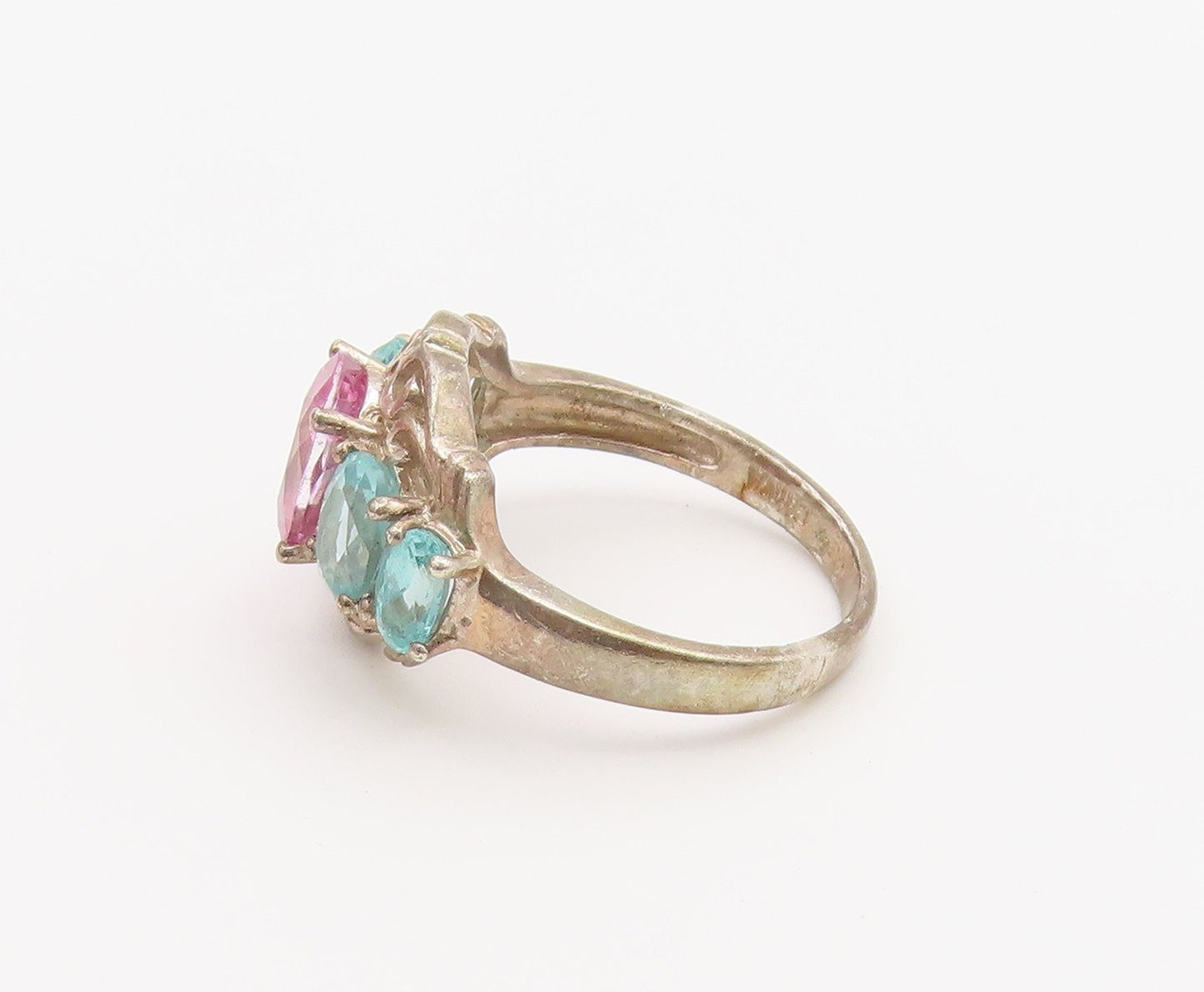 925 Sterling Silver Vintage Ring Aquamarine & Pink Topaz Band  Sz 6  RG36874