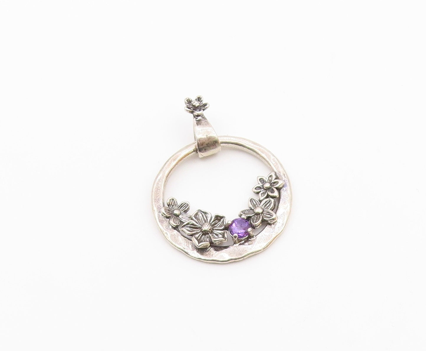 OR PAZ ISRAEL 925 Silver  Vintage Hammered Floral Amethyst Pendant  PT21477