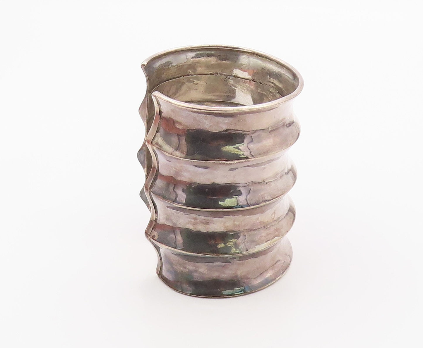 925 Sterling Silver Vintage Bracelet Modernist Solid Ribbed Wide Cuff  BT12136