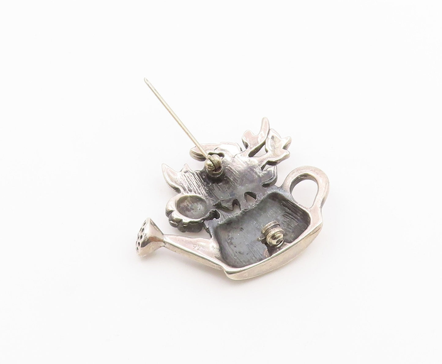 925 Sterling Silver  Vintage Shiny Watering Can With Flowers Brooch Pin BP3519