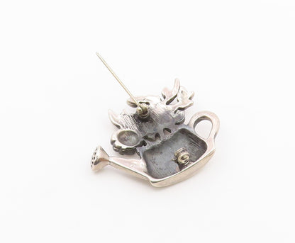 925 Sterling Silver  Vintage Shiny Watering Can With Flowers Brooch Pin BP3519