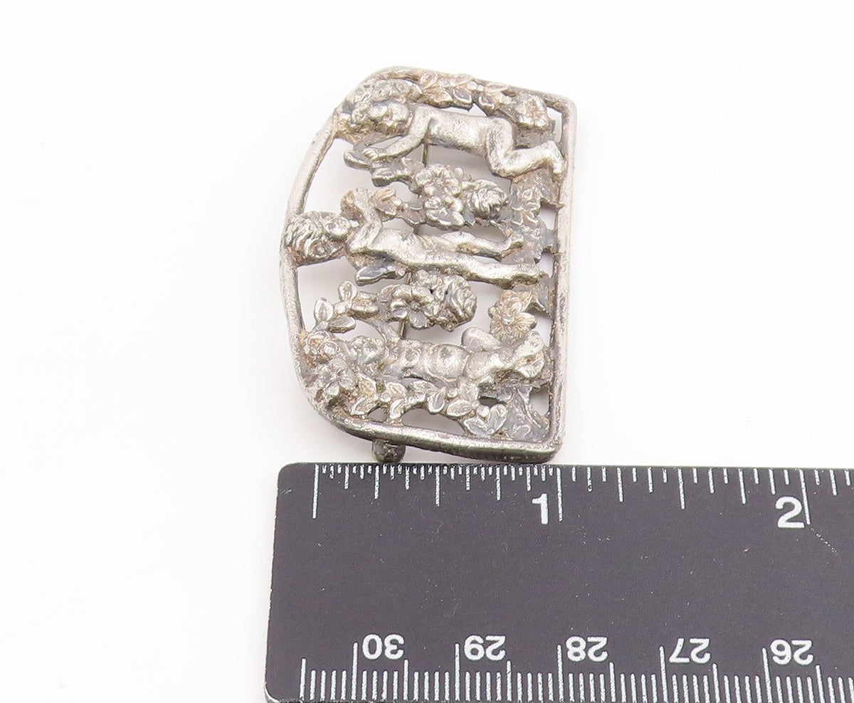 925 Sterling Silver Vintage Brooch Pin Antique Cherub Angel & Garland  BP12393