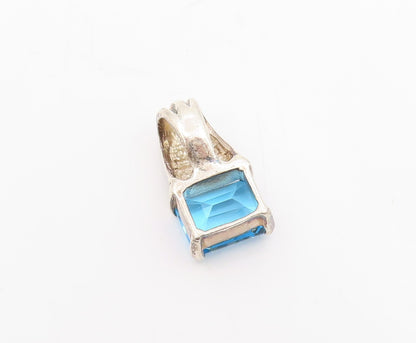 925 Sterling Silver  Vintage Fancy Square Blue Topaz Drop Pendant  PT20986