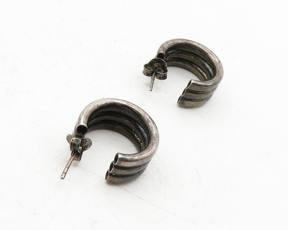 925 Sterling Silver  Vintage Oxidized Fluted Round JHoop Earrings  EG6603