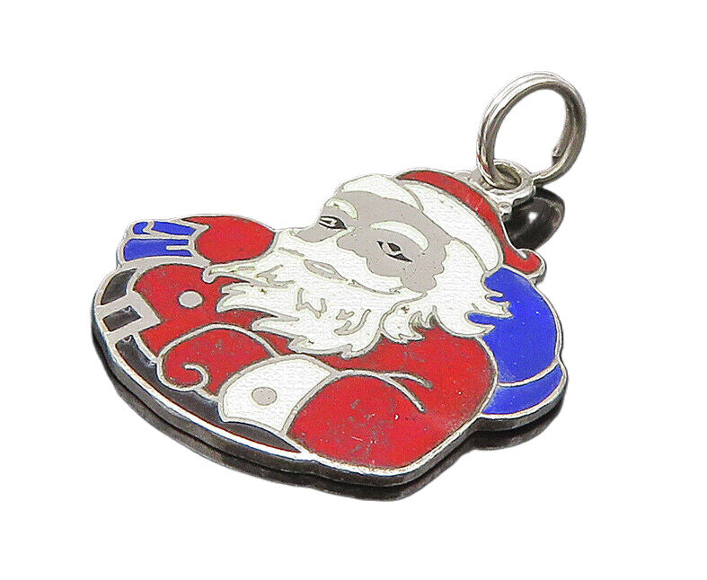 925 Sterling Silver  Vintage Enamel Santa Clause Christmas Pendant  PT19510