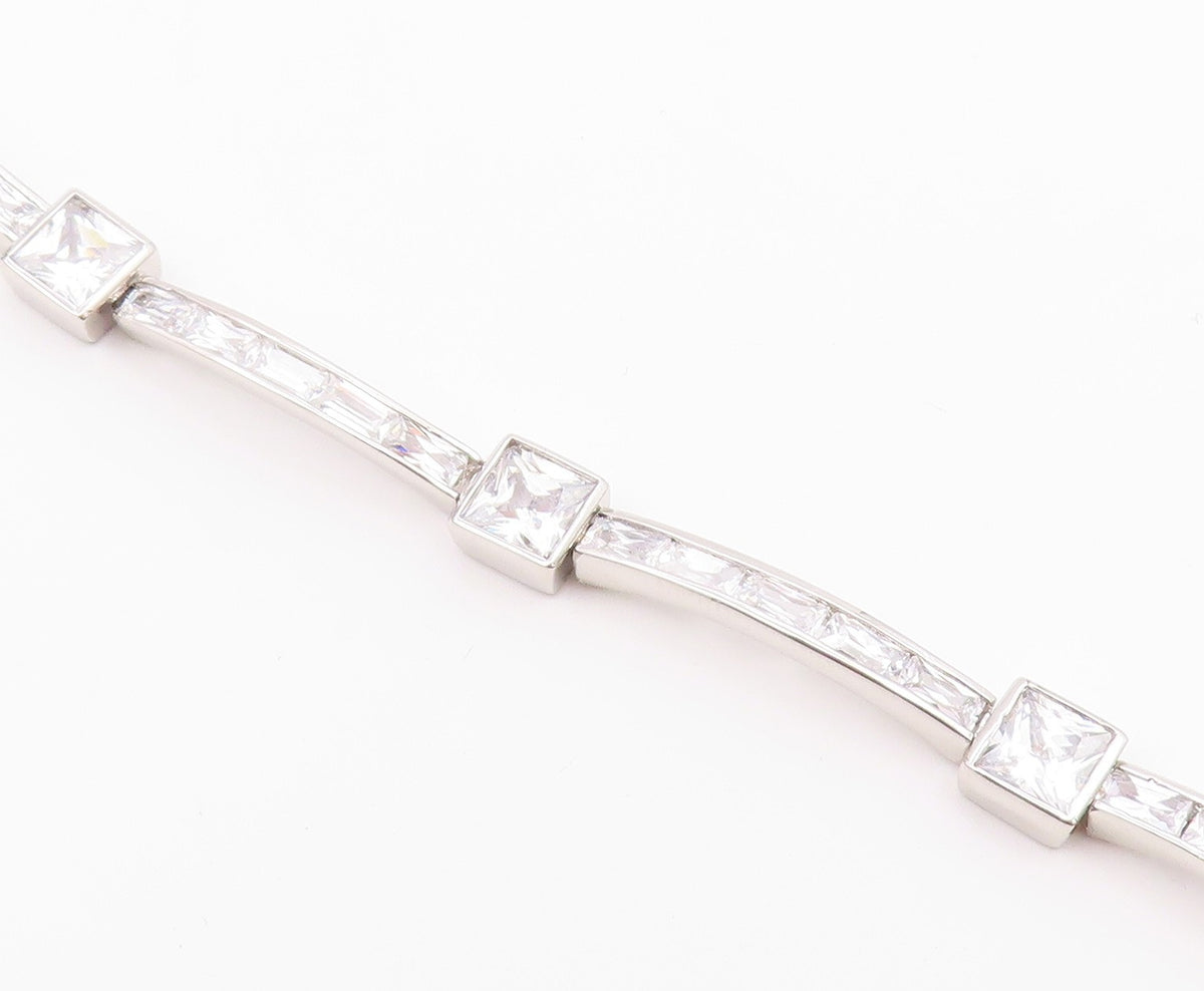 925 Sterling Silver  Vintage Shiny Cubic Zirconia Bar Chain Bracelet  BT8841