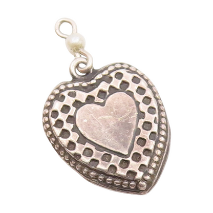 925 Sterling Silver Vintage Petite Pearl Checkered Love Heart Pendant  PT16472
