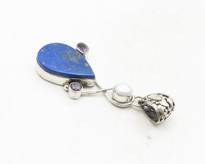 925 Sterling Silver  Vintage Lapis Lazuli Pearl & Amethyst Pendant  PT7701