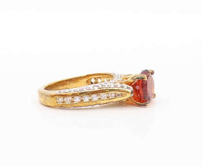 925 Sterling Silver Vintage Ring Gold Plated Red & White Topaz  Sz 7  RG30193