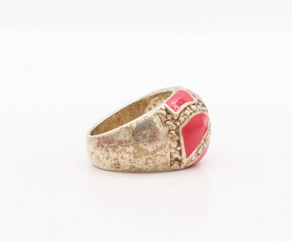 925 Sterling Silver Vintage Ring Gold Plated Enameled Dot Carved  Sz 7.5 RG28369
