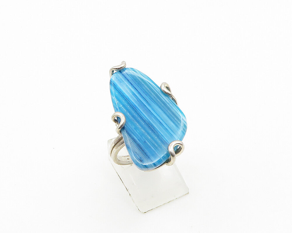 BARSE 925 Sterling Silver  Vintage Blue Agate Shiny Cocktail Ring Sz 7 RG19646