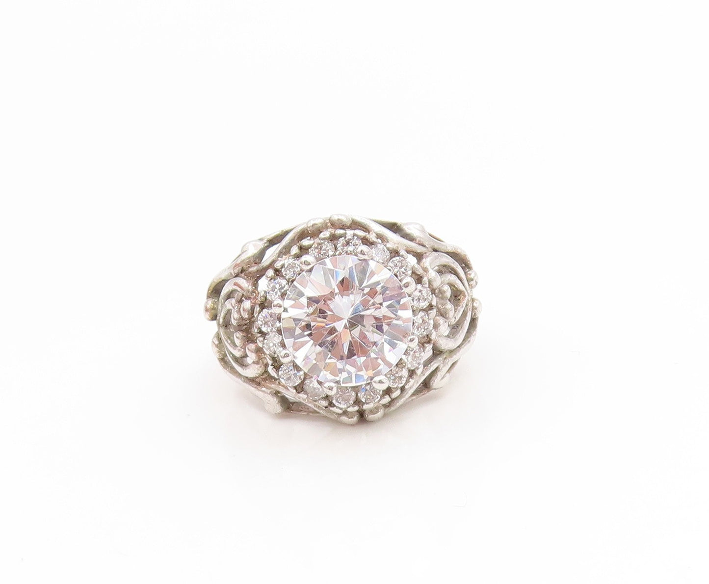 925 Sterling Silver Vintage Ring CZ Intricate Openwork Design  Sz 7.5  RG35223