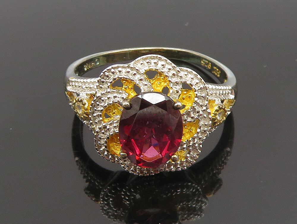 925 Silver  Vintage Two Tone Garnet & Topaz Floral Swirl Ring Sz 10  RG25309