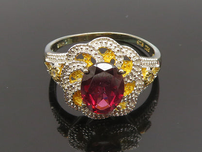 925 Silver  Vintage Two Tone Garnet & Topaz Floral Swirl Ring Sz 10  RG25309