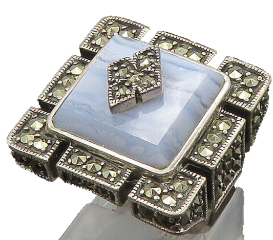 925 Sterling Silver  Vintage Agate & Marcasite Cocktail Ring Sz 5  RG22683