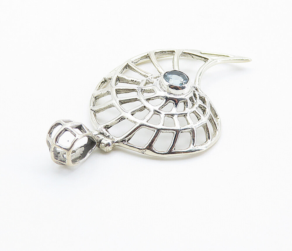 925 Sterling Silver  Shiny Blue Topaz Shiny Open Snail Swirl Pendant  PT6096