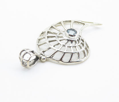 925 Sterling Silver  Shiny Blue Topaz Shiny Open Snail Swirl Pendant  PT6096