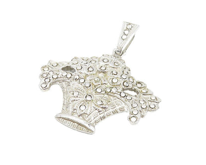 925 Sterling Silver  Vintage Sparkling Flower Basket Motif Pendant  PT9085