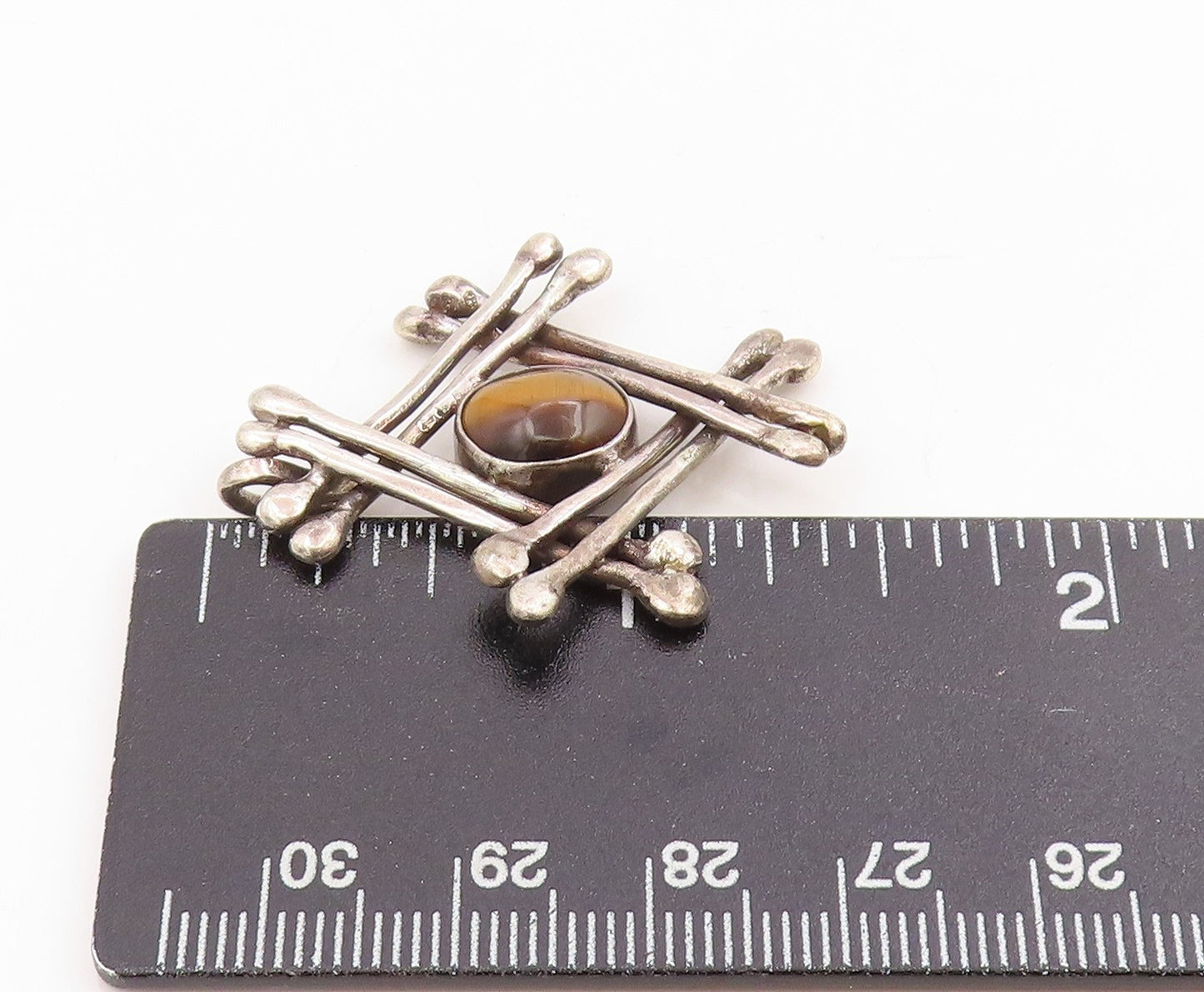 925 Sterling Silver Vintage Pendant Cabochon Tiger's Eye Modernist Grid  PT25442