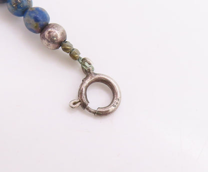925 Sterling Silver Vintage Necklace SOUTHWESTERN Lapis Lazuli Bead Chain NE4786