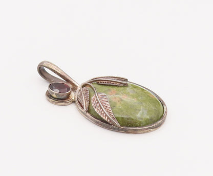 SAJEN 925 Silver  Vintage Oval Jasper With leaves & Garnet Pendant  PT22170