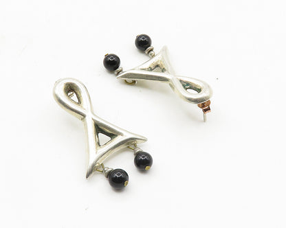 925 Sterling Silver  Vintage Black Onyx Ball Bead Dangle Earrings  EG5417