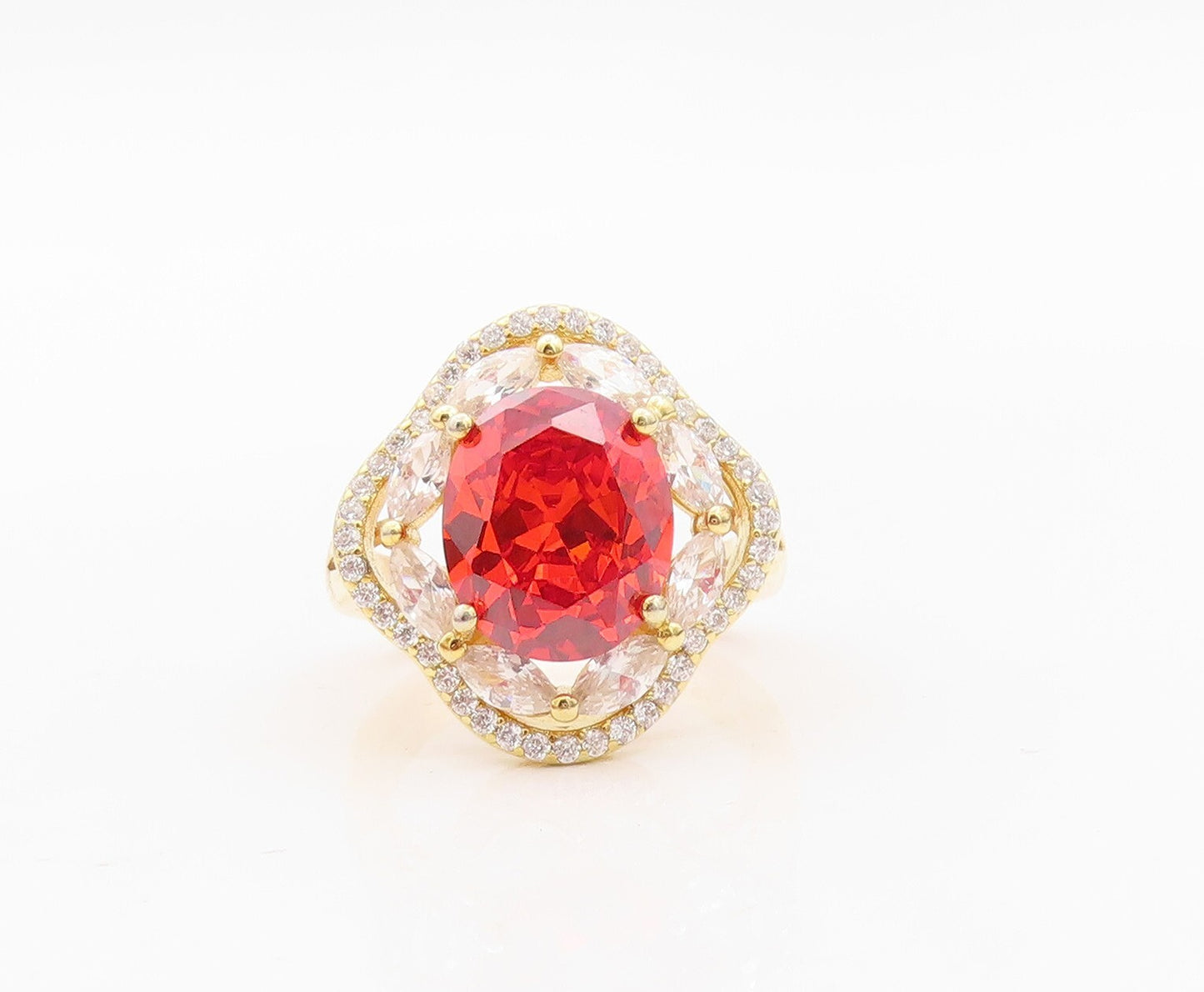925 Sterling Silver Vintage Ring Gold Plated Red White CZ Flower Sz 7.5  RG30244