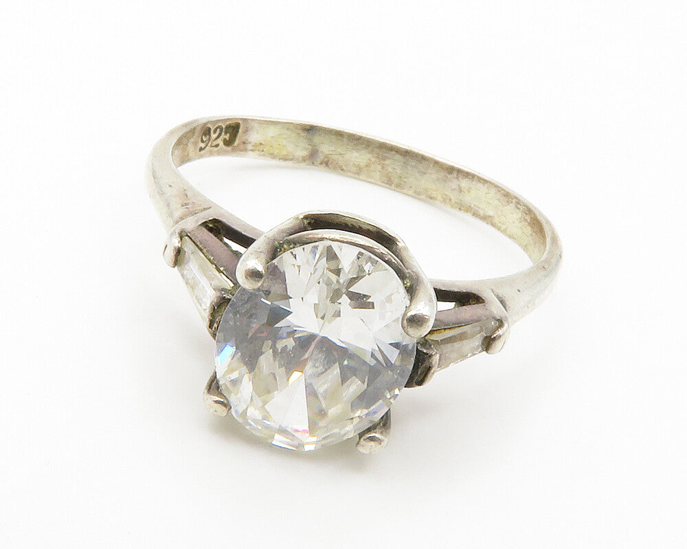 925 Sterling Silver Vintage Cubic Zirconia Solitaire & Accents Ring Sz 5 RG14735